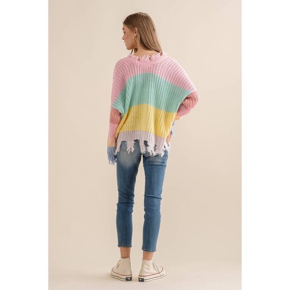 Miracle Destroyed Hem Color block V Neck Sweater sz Small Medium pink green blue - Picture 14 of 14